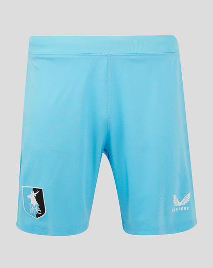 Back view of Mansfield Third Goalkeeper Shorts in bright blue with crest on the left thigh and Castore branding on the right thigh