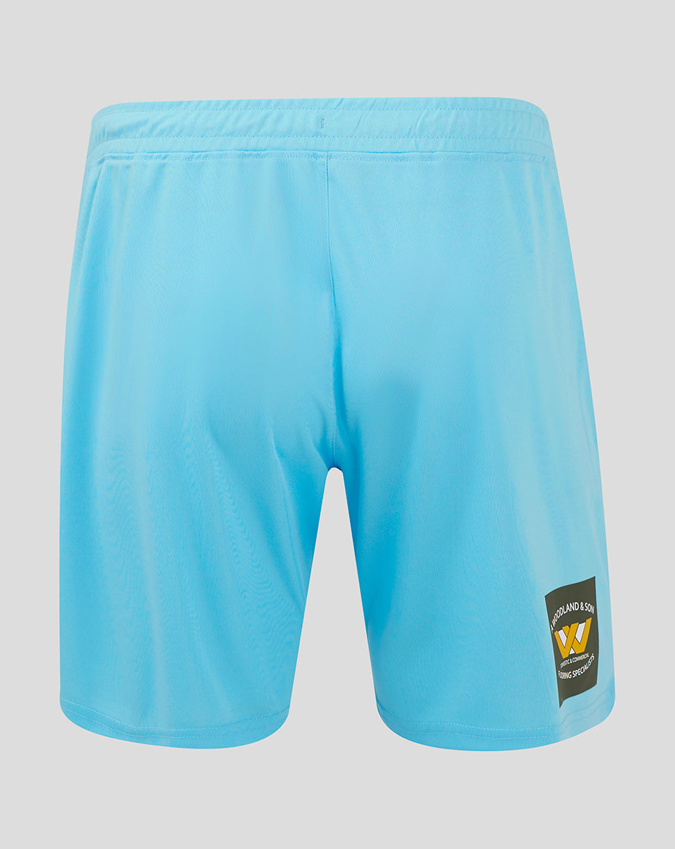 Back view of bright blue Mansfield Third Goalkeeper Shorts with flat waistband, internal elastic, crest on right thigh, and Castore branding on left thigh.