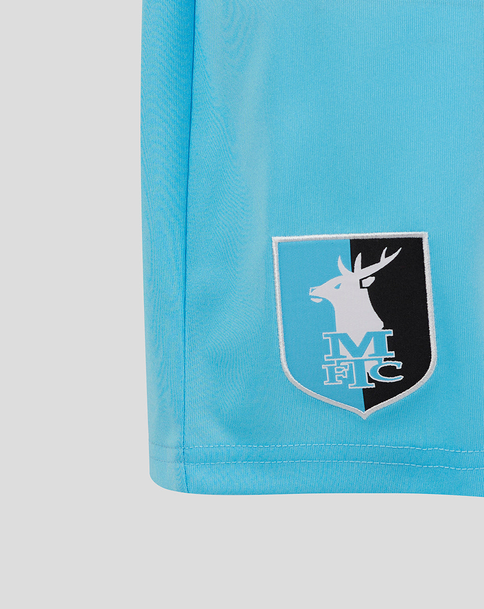 Close up of bright blue Mansfield Shorts showing crest on the left leg and Castore branding on the right leg
