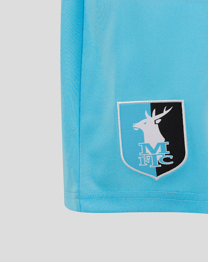 Close up of bright blue Mansfield Shorts showing crest on the left leg and Castore branding on the right leg
