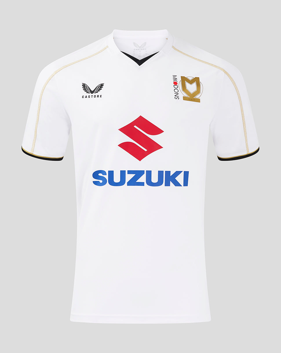 Front view of white MK Dons men 24/25 home shirt with Suzuki sponsor and gold piping along the sleeves