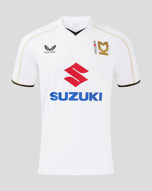 Front view of white MK Dons men 24/25 home shirt with Suzuki sponsor and gold piping along the sleeves