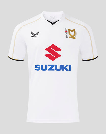 Front view of white MK Dons men 24/25 home shirt with Suzuki sponsor and gold piping along the sleeves