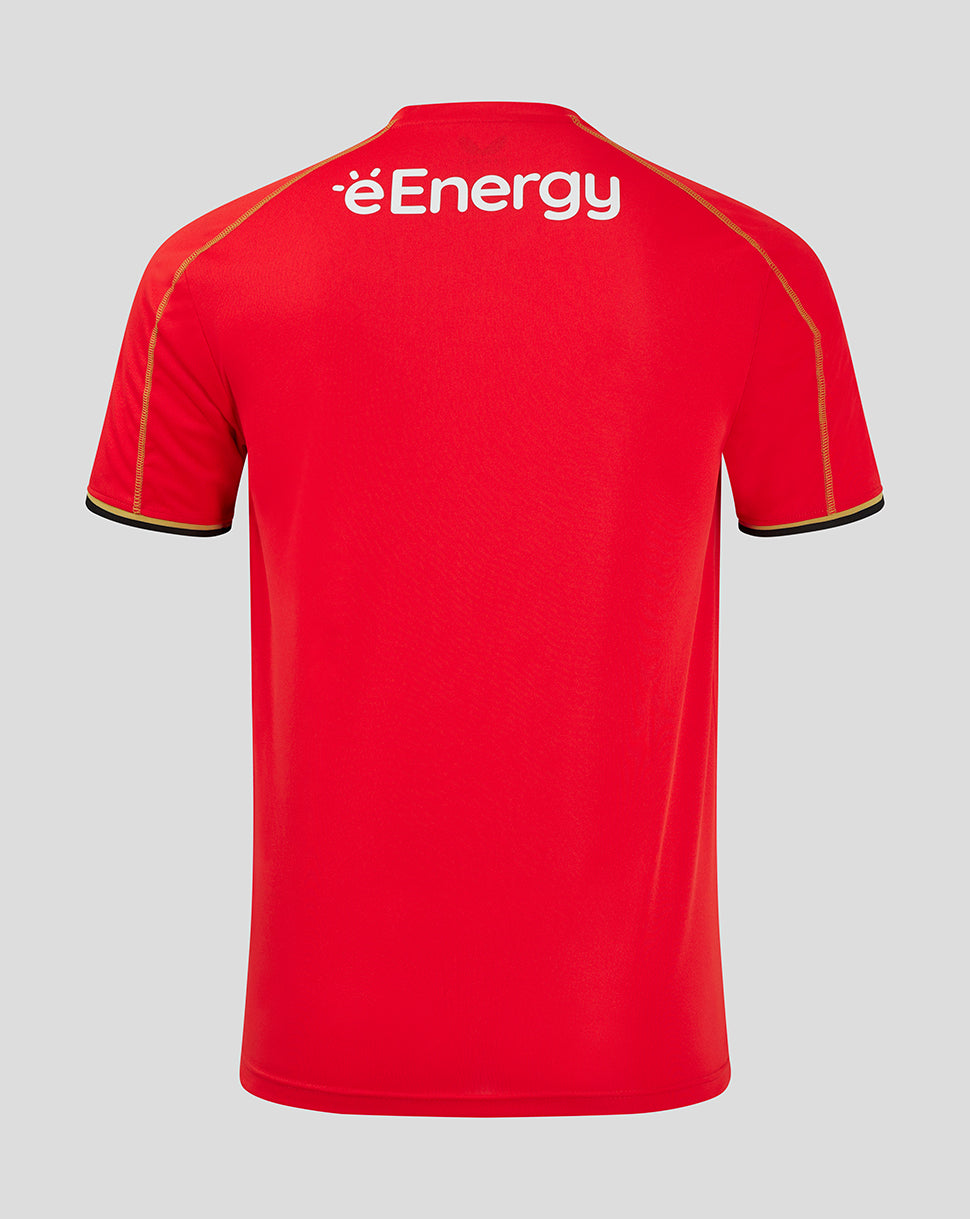 Back view of Mk Dons red away shirt with éEnergy logo across the upper back.
