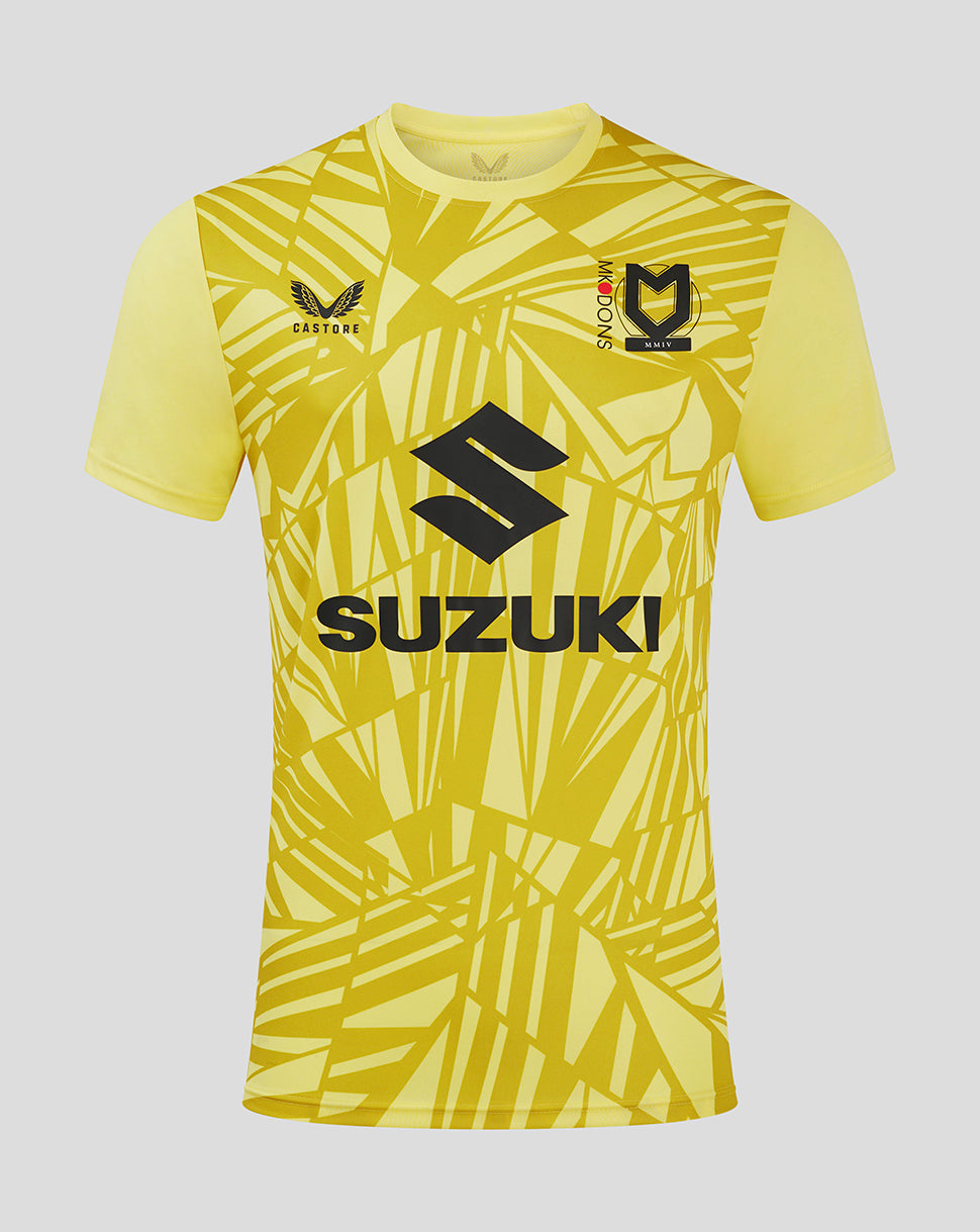 Yellow Mk Dons men's 24/25 away goalkeeper shirt with bold geometric pattern and Suzuki sponsor
