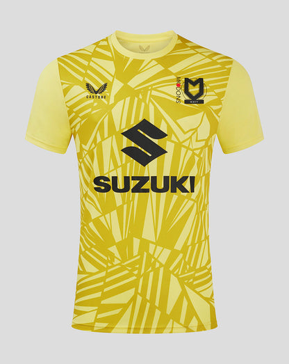 Yellow Mk Dons men's 24/25 away goalkeeper shirt with bold geometric pattern and Suzuki sponsor