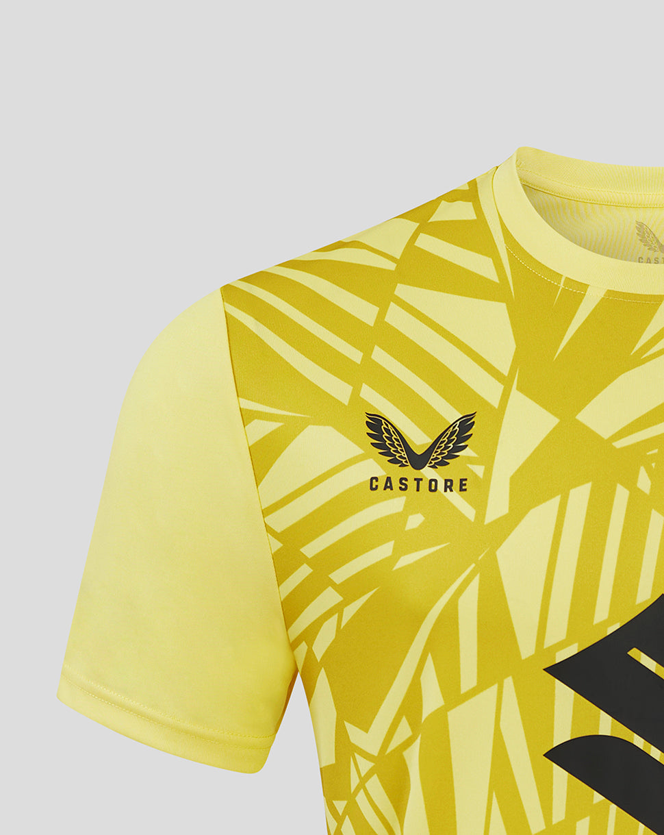 Chest close-up of Mk Dons 24/25 away goalkeeper shirt showing yellow geometric pattern crest and Castore branding
