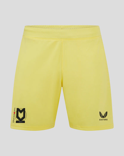 Yellow MK Dons away goalkeeper shorts front view with club crest and Castore logo