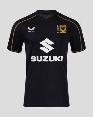 Front view of Mk Dons 24/25 third shirt in black with Suzuki sponsor across the chest and Castore logo on the left