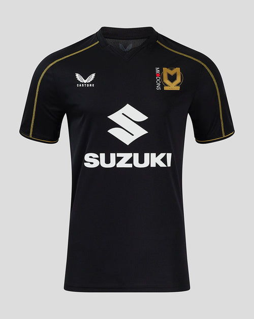 Front view of Mk Dons 24/25 third shirt in black with Suzuki sponsor across the chest and Castore logo on the left