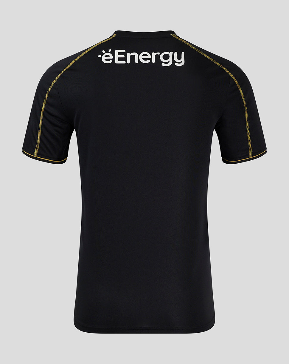 Back view of Mk Dons 24/25 third shirt in black shows eEnergy sponsor on the upper back with gold piping along the seams
