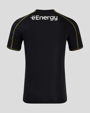Back view of Mk Dons 24/25 third shirt in black shows eEnergy sponsor on the upper back with gold piping along the seams