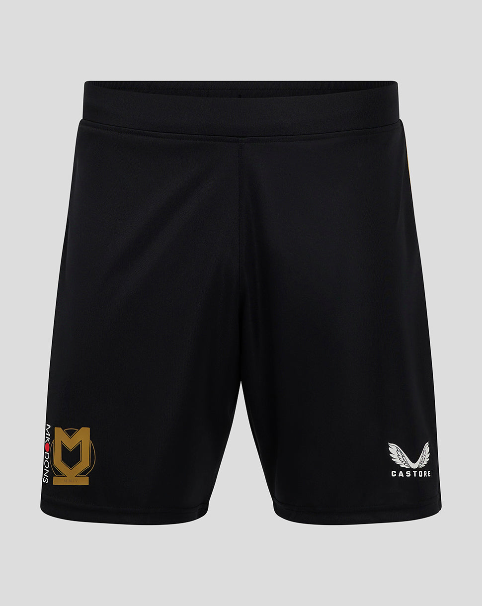 Black Mk Dons 24/25 third shorts with gold club crest on the left leg and Castore logo on the right.