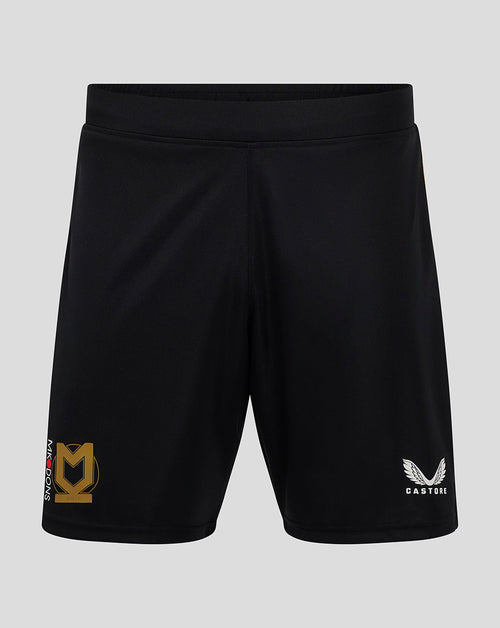 Black Mk Dons 24/25 third shorts with gold club crest on the left leg and Castore logo on the right.