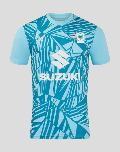 Mk Dons men's 24/25 third goalkeeper shirt in blue geometric pattern with Suzuki front sponsor