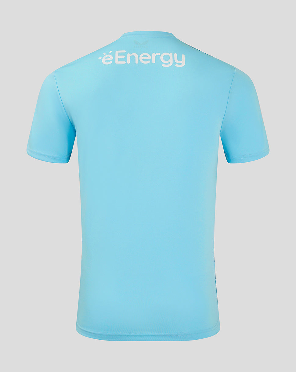 Back view of Mk Dons 24/25 third goalkeeper shirt in light blue with éEnergy on the upper back
