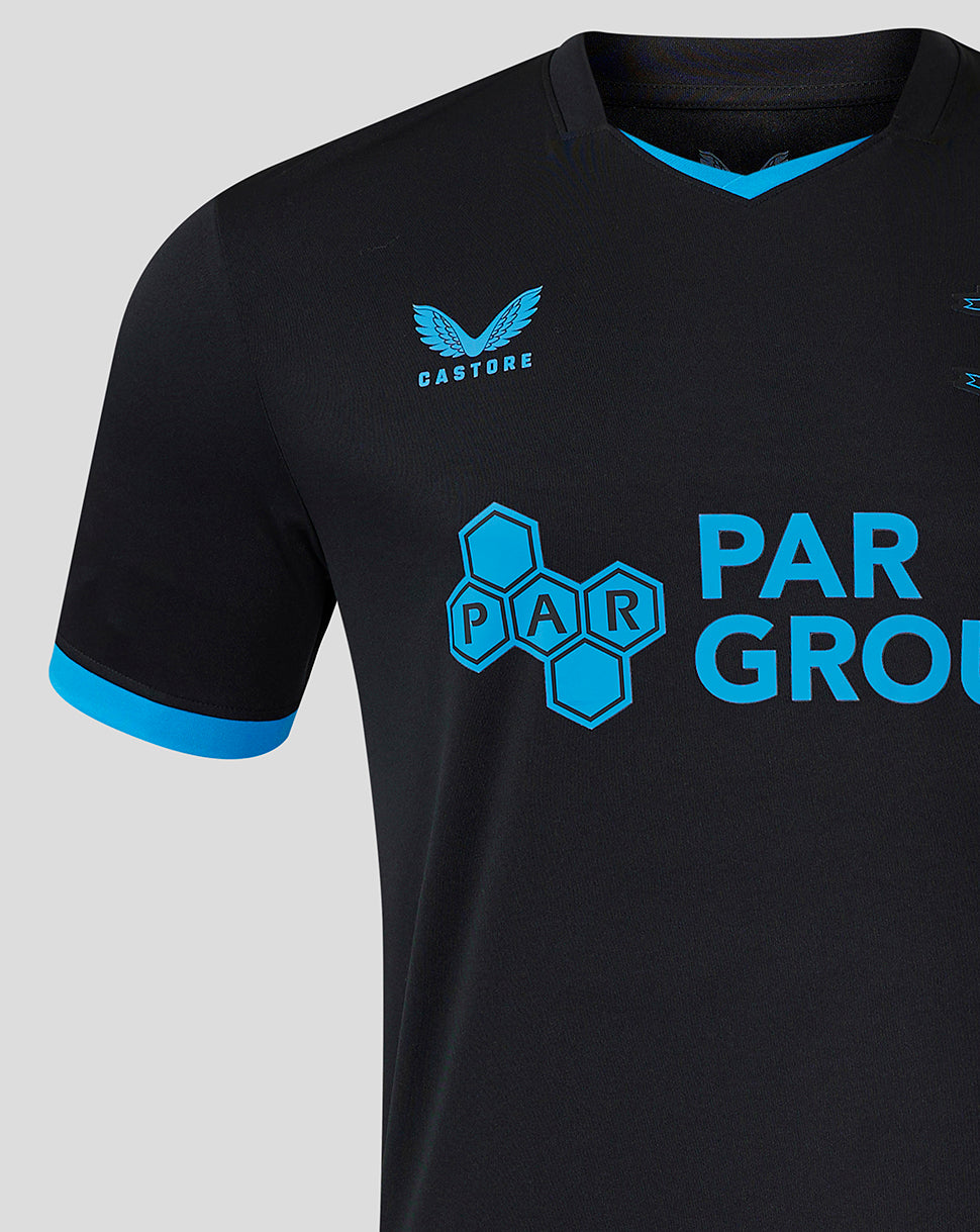 Black Preston North End third shirt with bright blue trim, Castore logo on the chest and PAR GROUP hexagon sponsor graphic across the front.