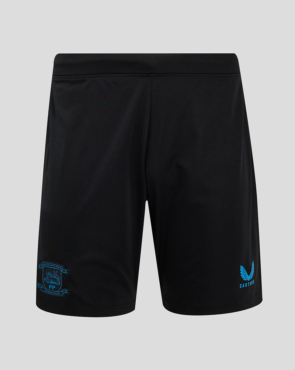 Black Preston North End third shorts with blue club crest on the left leg and Castore branding on the right leg.