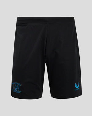 Black Preston North End third shorts with blue club crest on the left leg and Castore branding on the right leg.