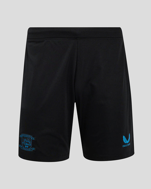 Black Preston North End third shorts with blue club crest on the left leg and Castore branding on the right leg.