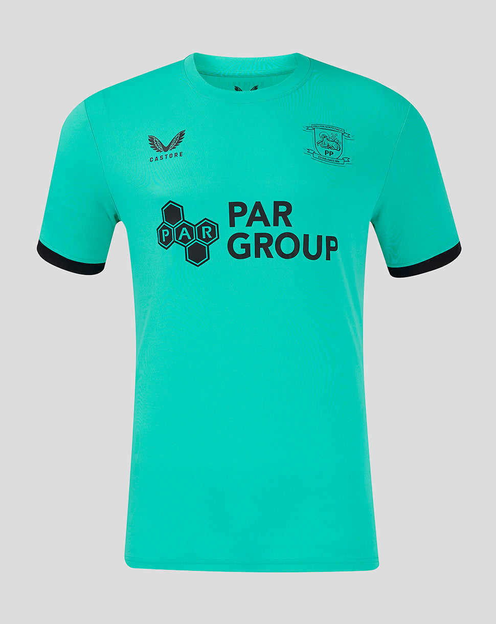 Front view of turquoise Preston North End third goalkeeper shirt with club crest on chest and PAR GROUP sponsor