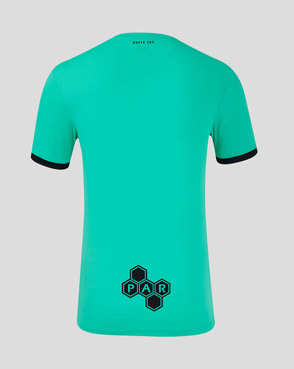Back view of teal Preston North End third goalkeeper shirt with PAR hex emblem near hem and North End text at the neck