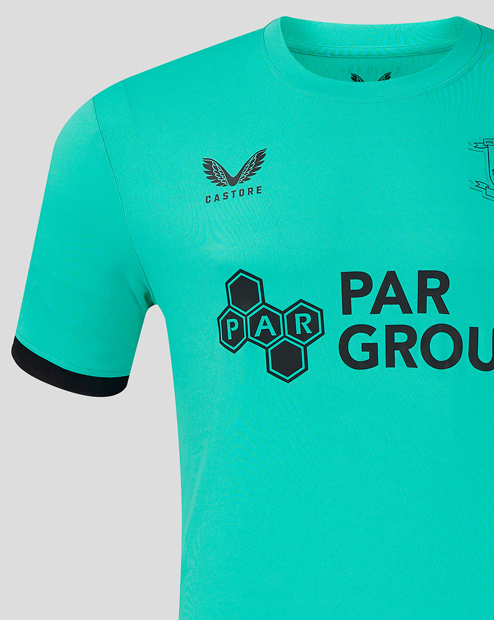 Front view of teal Preston North End third goalkeeper shirt featuring Castore logo and PAR group hex motif across the chest with the club crest