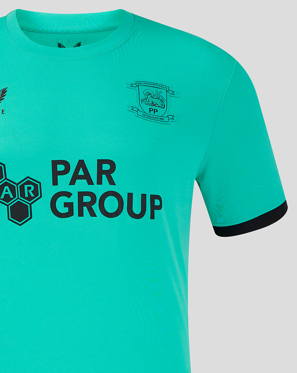 Close-up of turquoise Preston North End third goalkeeper shirt showing crest on chest and PAR GROUP logo