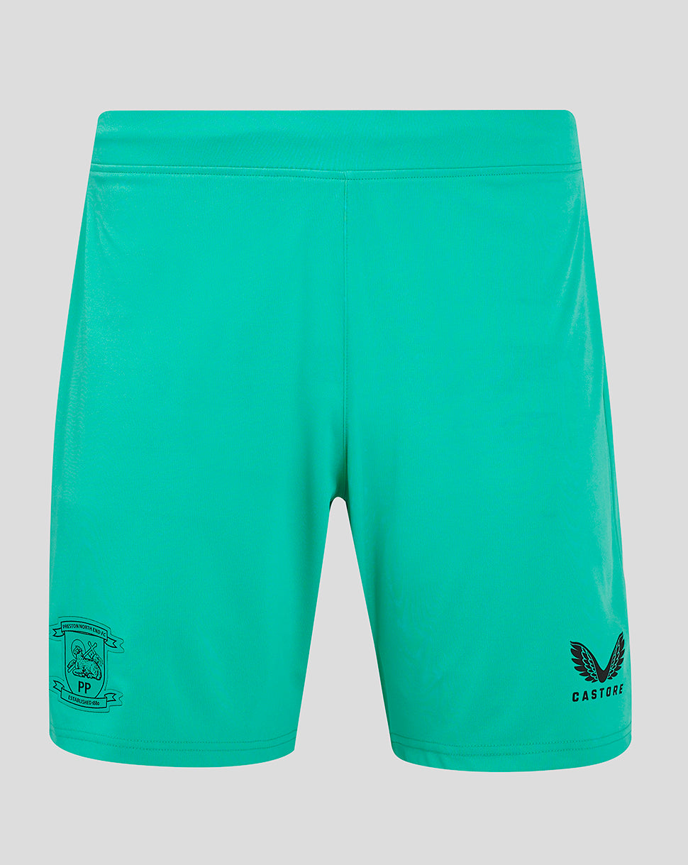 Back view of turquoise Preston North End third goalkeeper shorts showing club crest on left thigh and Castore logo on right thigh