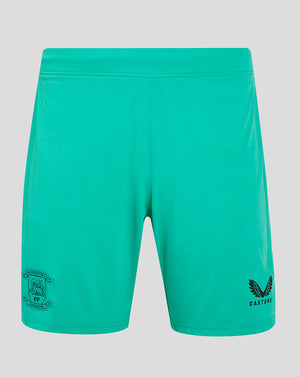 Back view of turquoise Preston North End third goalkeeper shorts showing club crest on left thigh and Castore logo on right thigh
