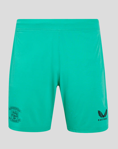 Back view of turquoise Preston North End third goalkeeper shorts showing club crest on left thigh and Castore logo on right thigh