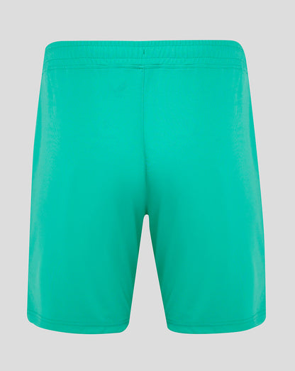 Back view of teal Preston North End goalkeeper shorts on a model with an elastic waistband