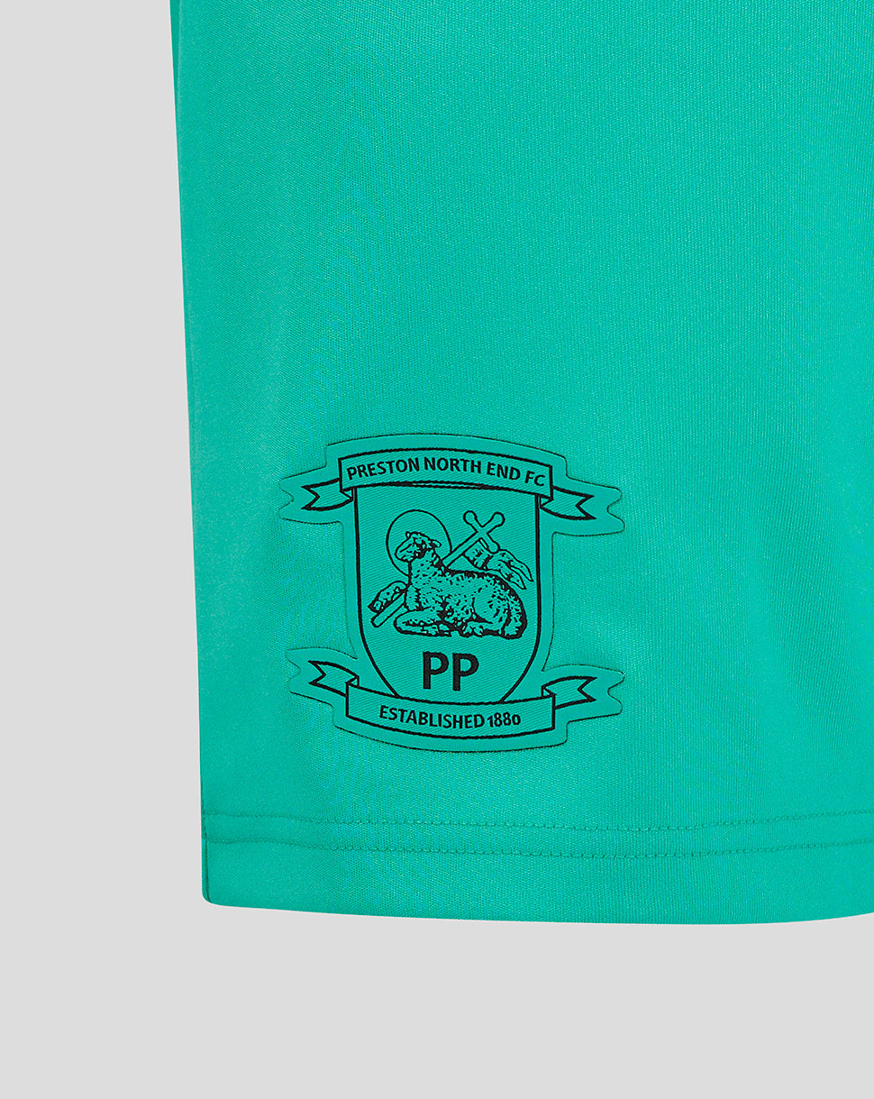 Teal Preston North End third goalkeeper shorts close up with club crest on the right thigh