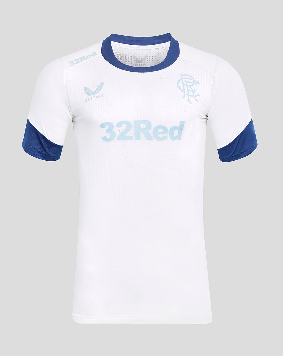 Front view of white Rangers Elite Players training tee with blue collar and blue sleeve cuffs and a light blue 32Red logo