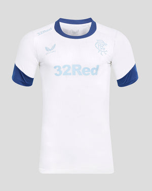 Front view of white Rangers Elite Players training tee with blue collar and blue sleeve cuffs and a light blue 32Red logo