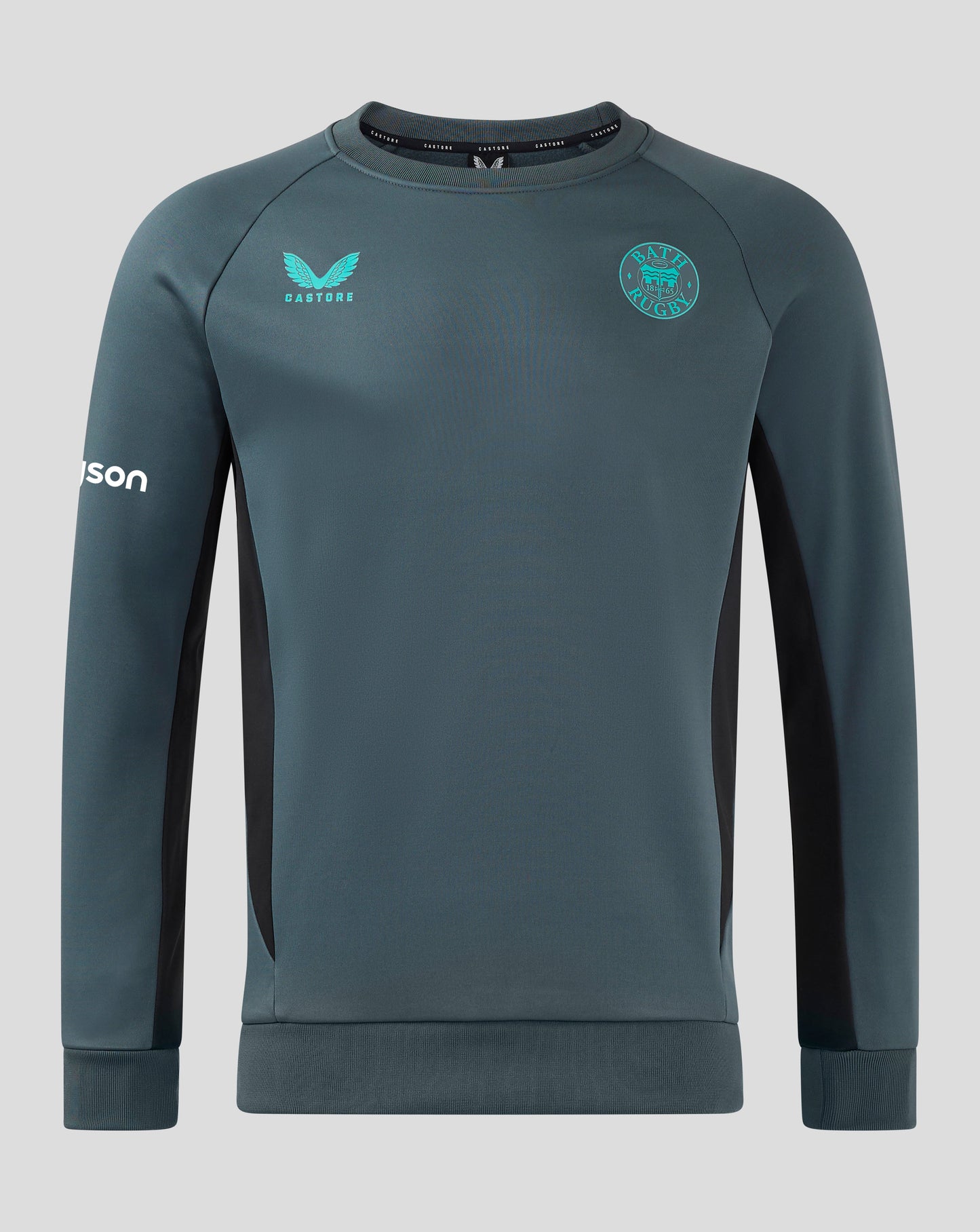 Front view of Bath Rugby Sweatshirt in teal with ribbed cuffs and hem, Castore logo on left chest and Bath Rugby crest on right chest with contrast side panels
