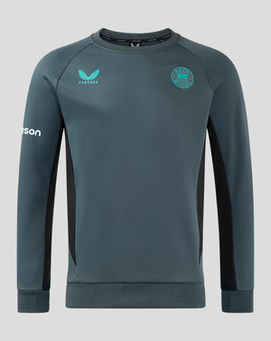 Front view of Bath Rugby Sweatshirt in teal with ribbed cuffs and hem, Castore logo on left chest and Bath Rugby crest on right chest with contrast side panels