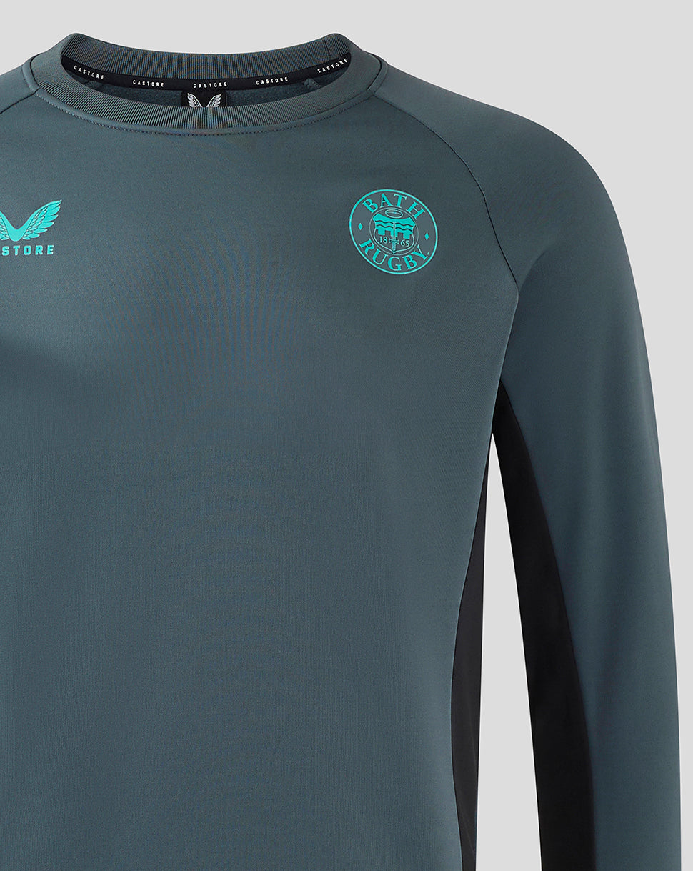 Bath Rugby Men's 24/25 Players Training Sweatshirt chest view with teal Bath Rugby crest and Castore logo