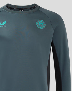 Bath Rugby Men's 24/25 Players Training Sweatshirt chest view with teal Bath Rugby crest and Castore logo