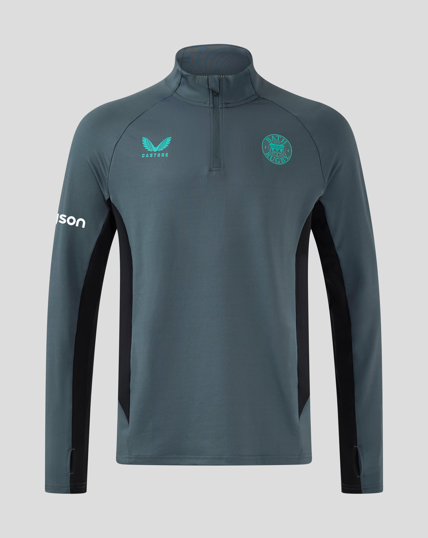 Front view of Bath Rugby Pro Players Quarter Zip Midlayer Top in teal with Bath Rugby crest and Castore logos