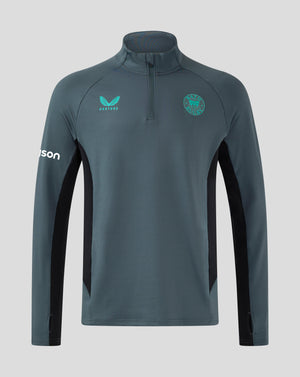 Front view of Bath Rugby Pro Players Quarter Zip Midlayer Top in teal with Bath Rugby crest and Castore logos