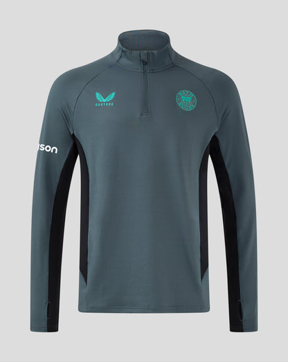 Front view of Bath Rugby Pro Players Quarter Zip Midlayer Top in teal with Bath Rugby crest and Castore logos