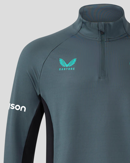 Front view of Bath Rugby Pro Players quarter zip midlayer in teal with center zip, Castore logo on left chest and Bath Rugby crest on right chest
