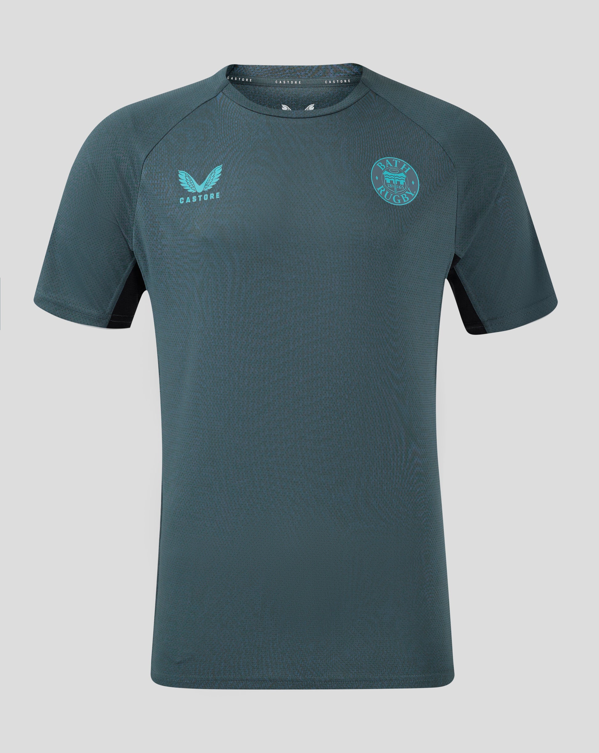 Teal Bath Rugby training shirt front with Castore logo on left chest and Bath Rugby crest on right chest