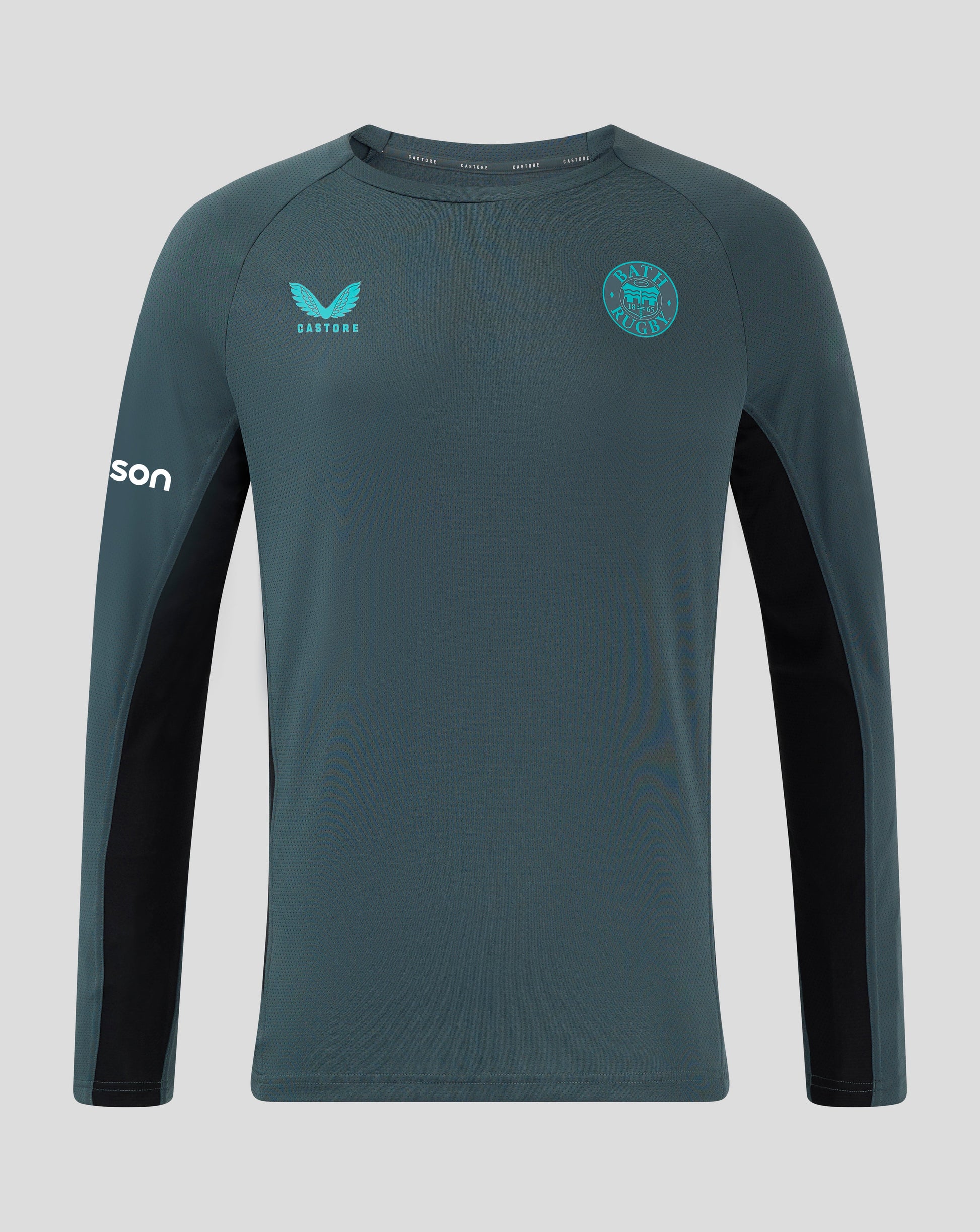 Front view of Bath Rugby Pro Players long sleeve shirt with teal panels and raglan sleeves showing left chest crest and right chest Castore branding