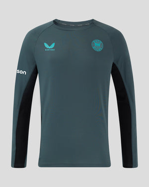 Front view of Bath Rugby Pro Players long sleeve shirt with teal panels and raglan sleeves showing left chest crest and right chest Castore branding