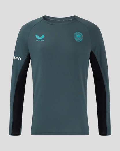 Front view of Bath Rugby Pro Players long sleeve shirt with teal panels and raglan sleeves showing left chest crest and right chest Castore branding