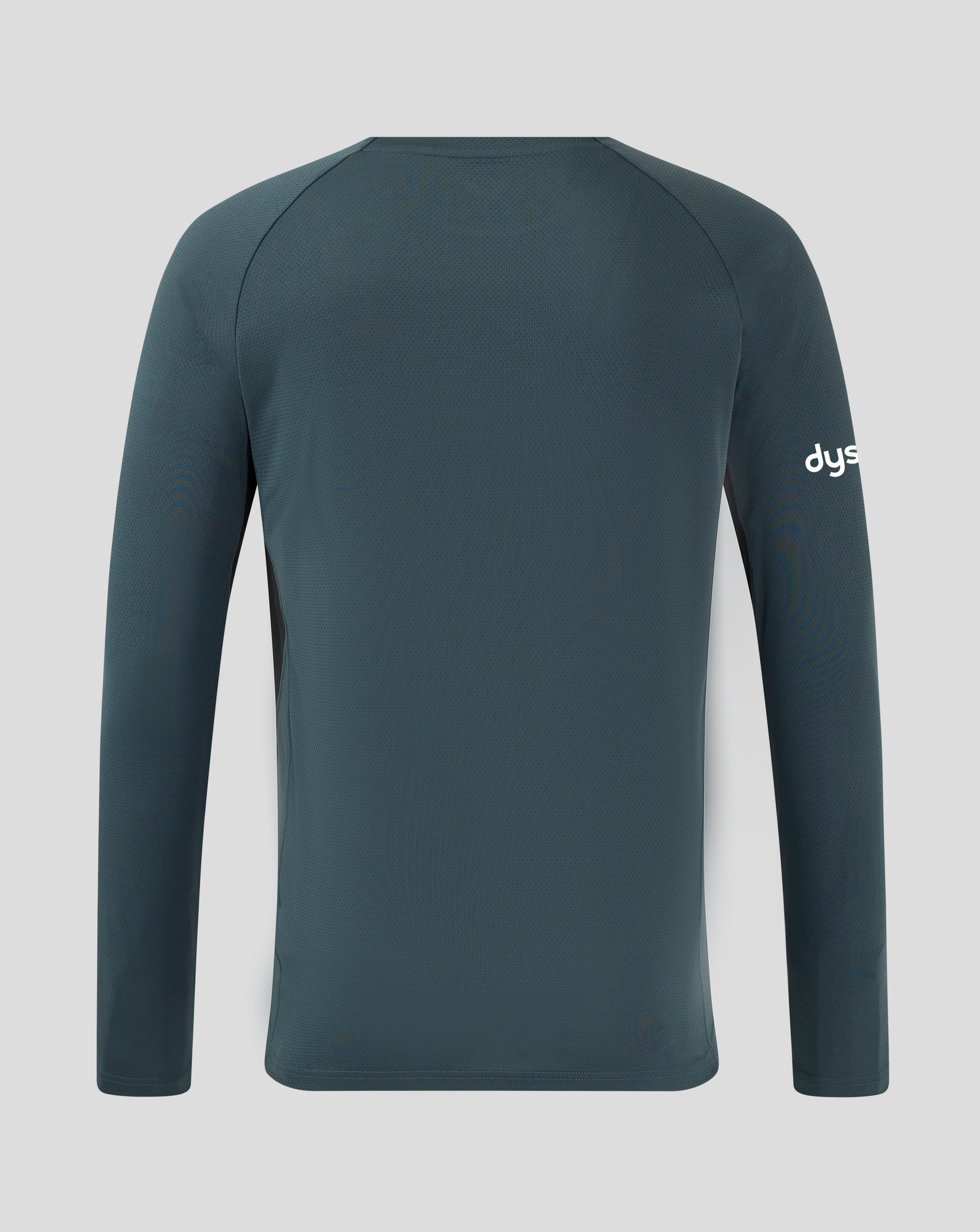 Back view of Bath Rugby training long sleeve shirt in teal with curved shoulder seams and rounded hem.