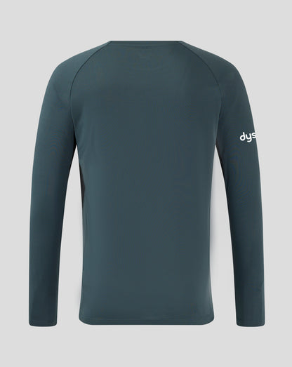 Back view of Bath Rugby training long sleeve shirt in teal with curved shoulder seams and rounded hem.