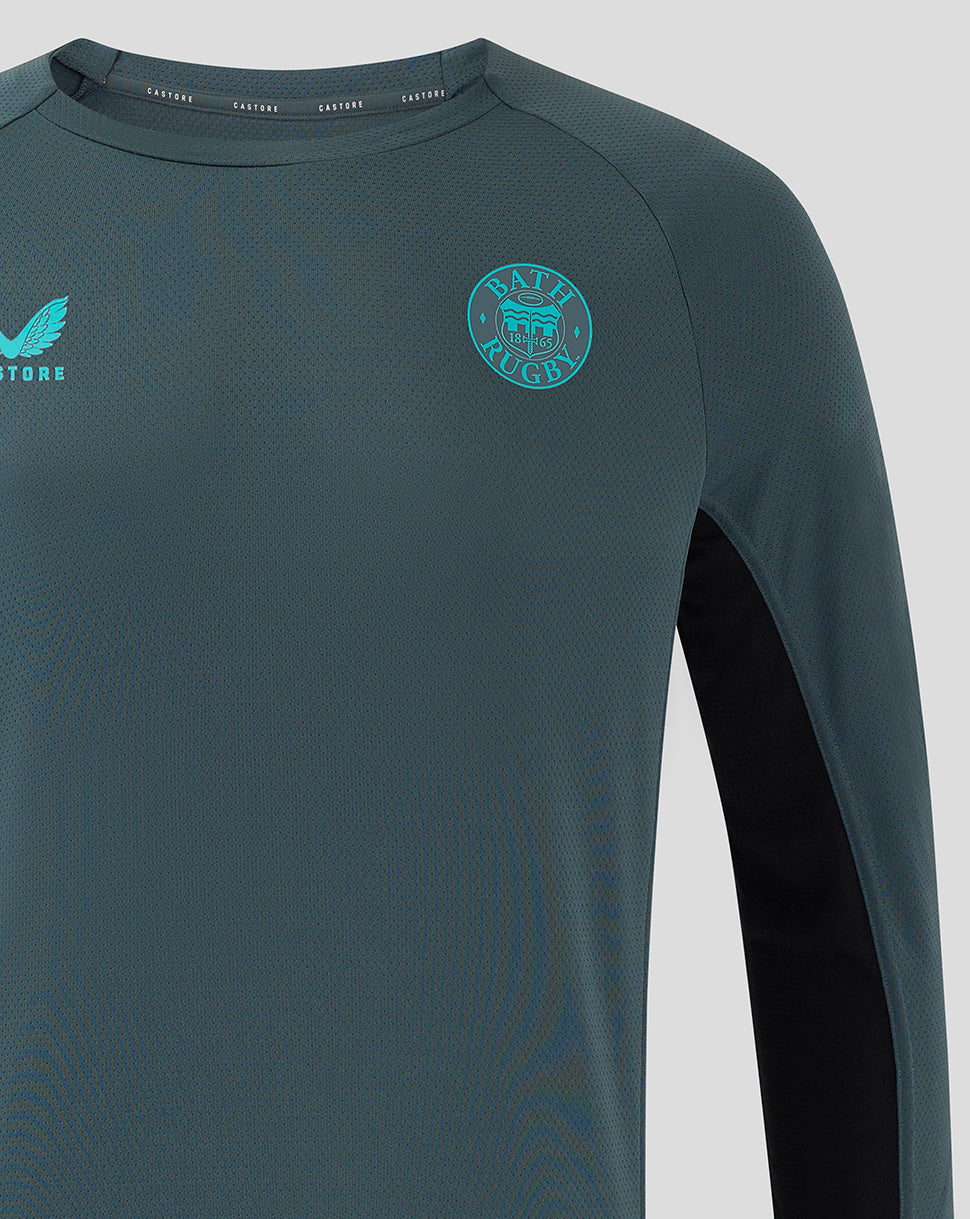 Teal Bath Rugby crest on the right chest and Castore logo on the left chest of the training top